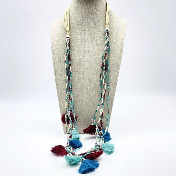 C1946 Multicolor Tassel Necklace Multistrand Silver Tone Blue Red Teal Ethnic - Picture 1 of 9